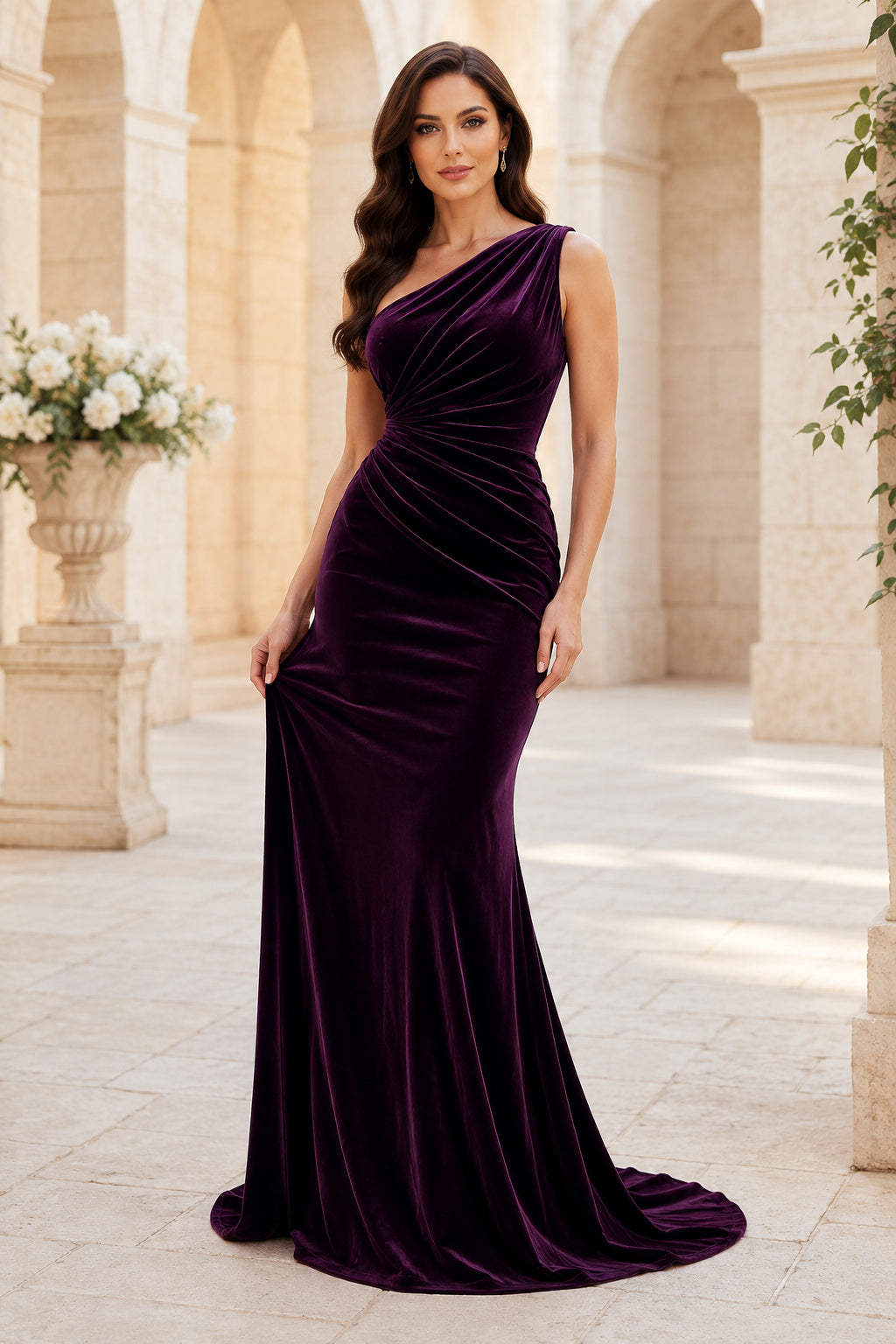 Plum Velvet One-Shoulder Mermaid Evening Dress front view