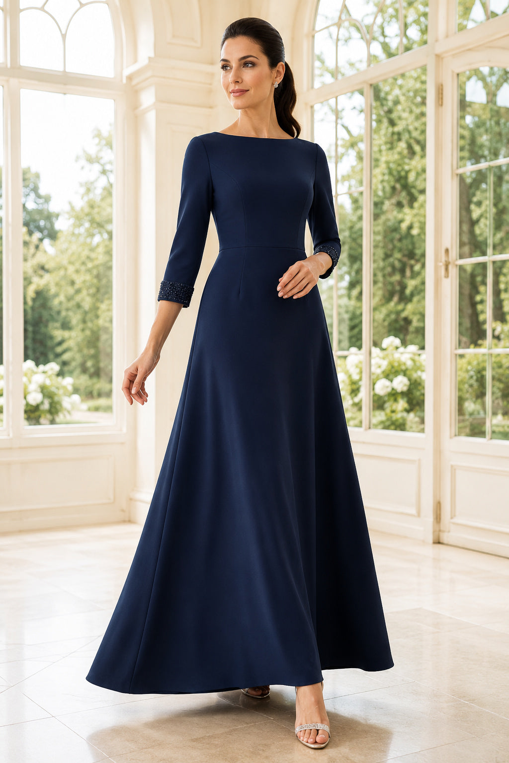 Dark Navy Bateau Three-Quarter Sleeve A-Line Mother Dress front view