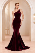 Burgundy One-Shoulder Velvet Mermaid Evening Dress with Sweep Train front view