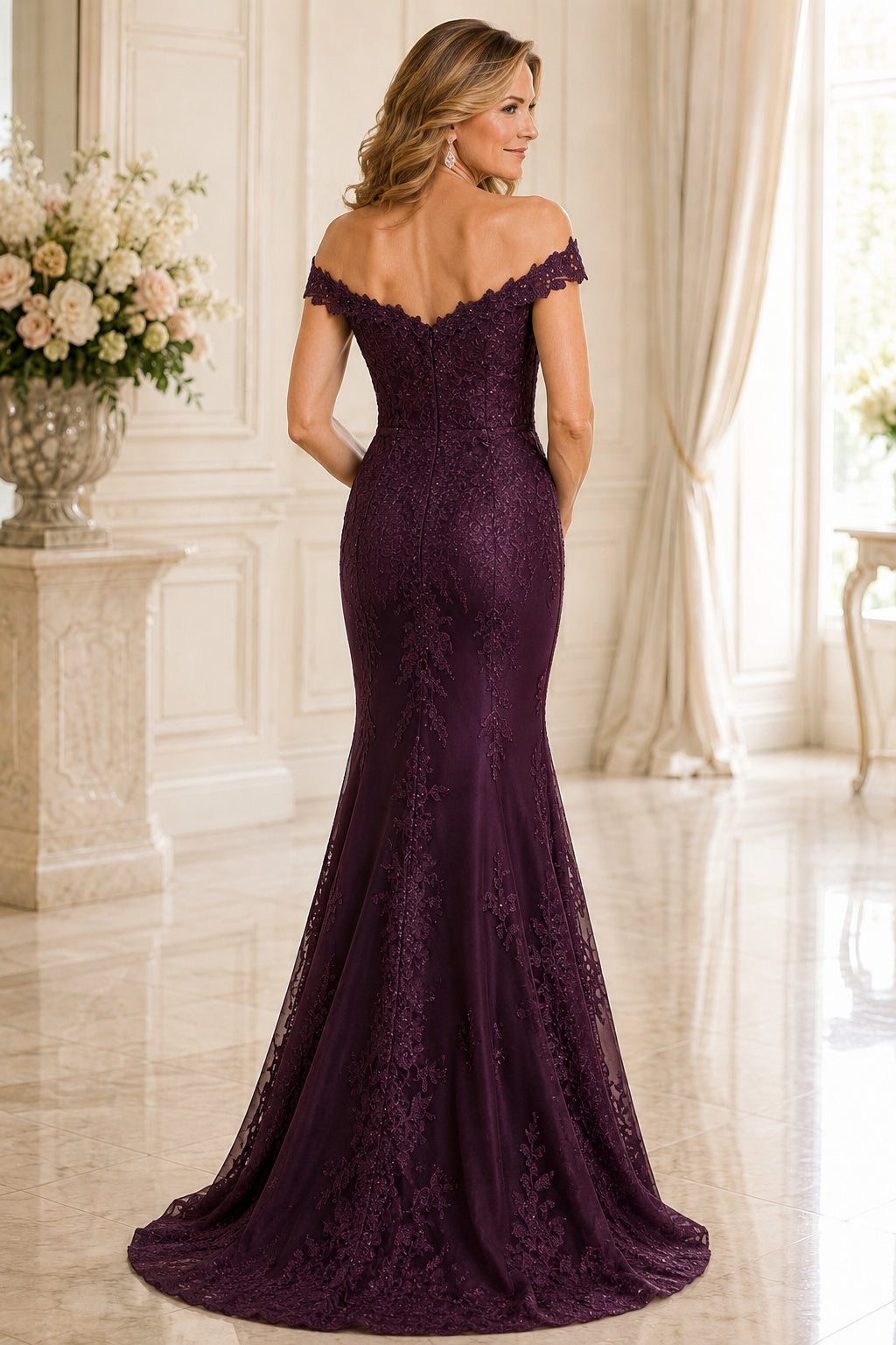 Plum Off the Shoulder Mermaid Mother Dress with Lace Overlay and Sweep Train for Evening Reception back view