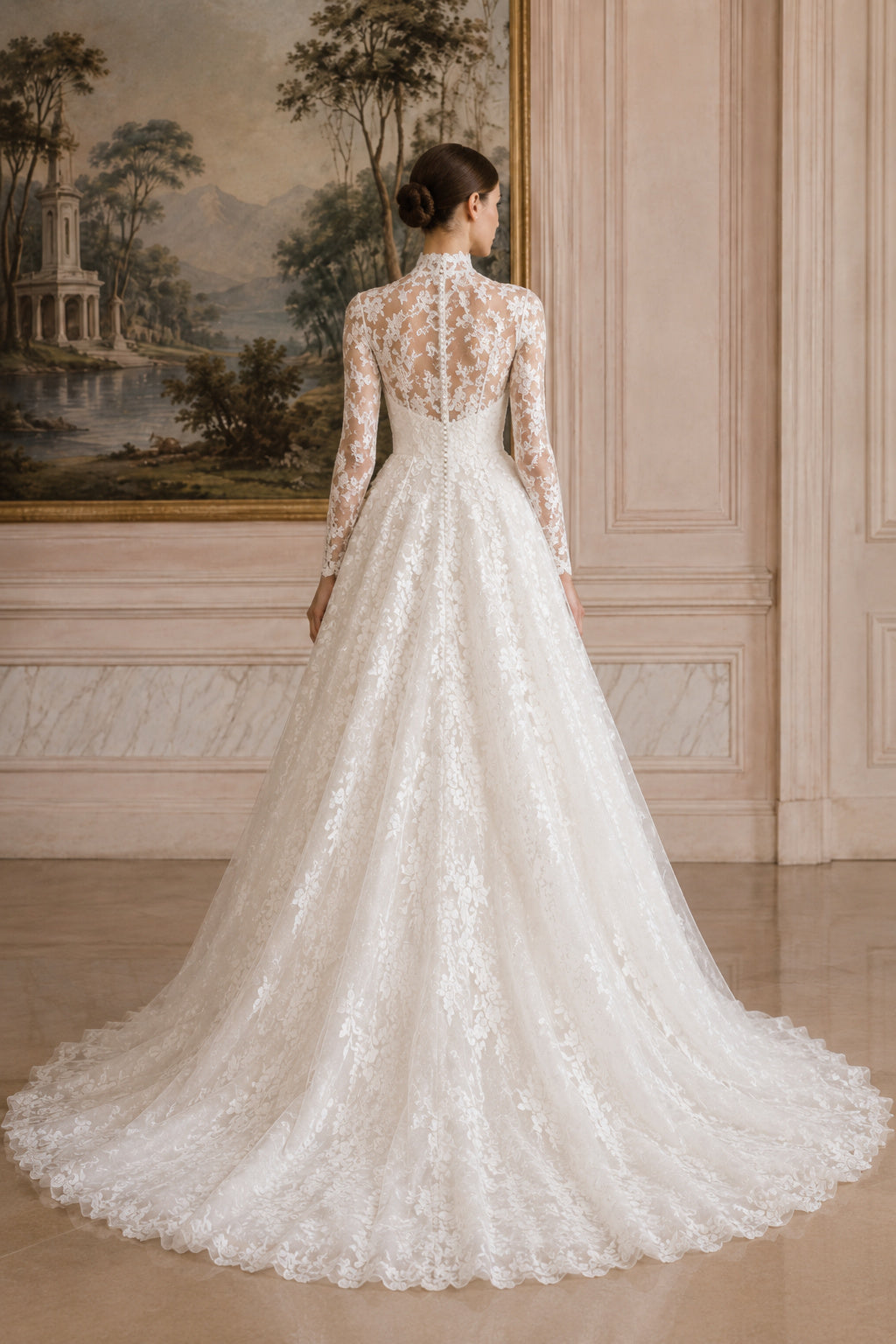 High Neck Long Sleeve Lace A-Line Wedding Dress with Chapel Train back view
