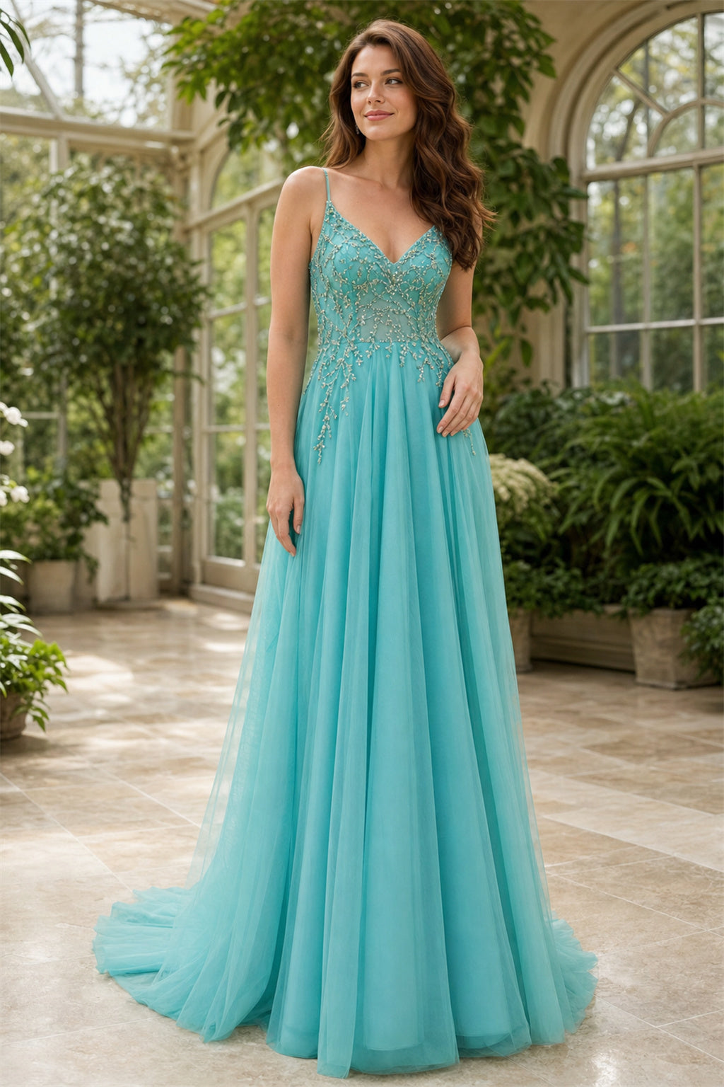 Aqua Spaghetti Strap A-Line Tulle Floor-Length Dress With V-back