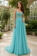 Aqua Spaghetti Strap A-Line Tulle Floor-Length Dress With V-back