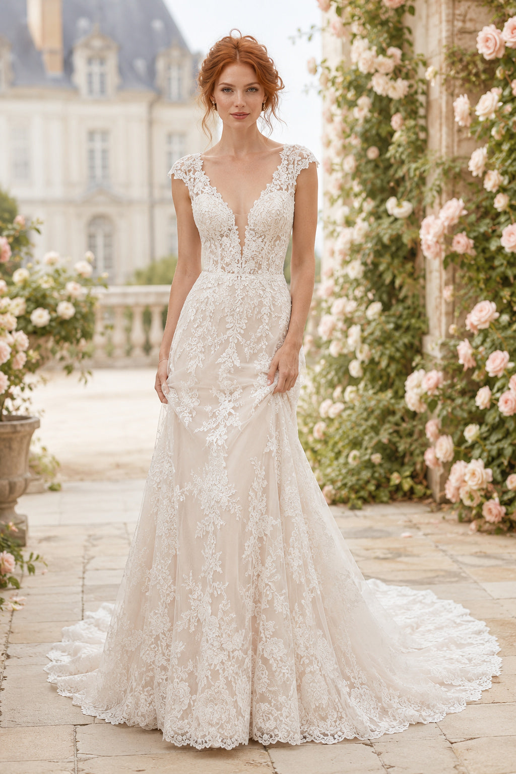 Ivory Cap Sleeve Mermaid Lace Wedding Dress with Plunging V-Neck and Low Back front view