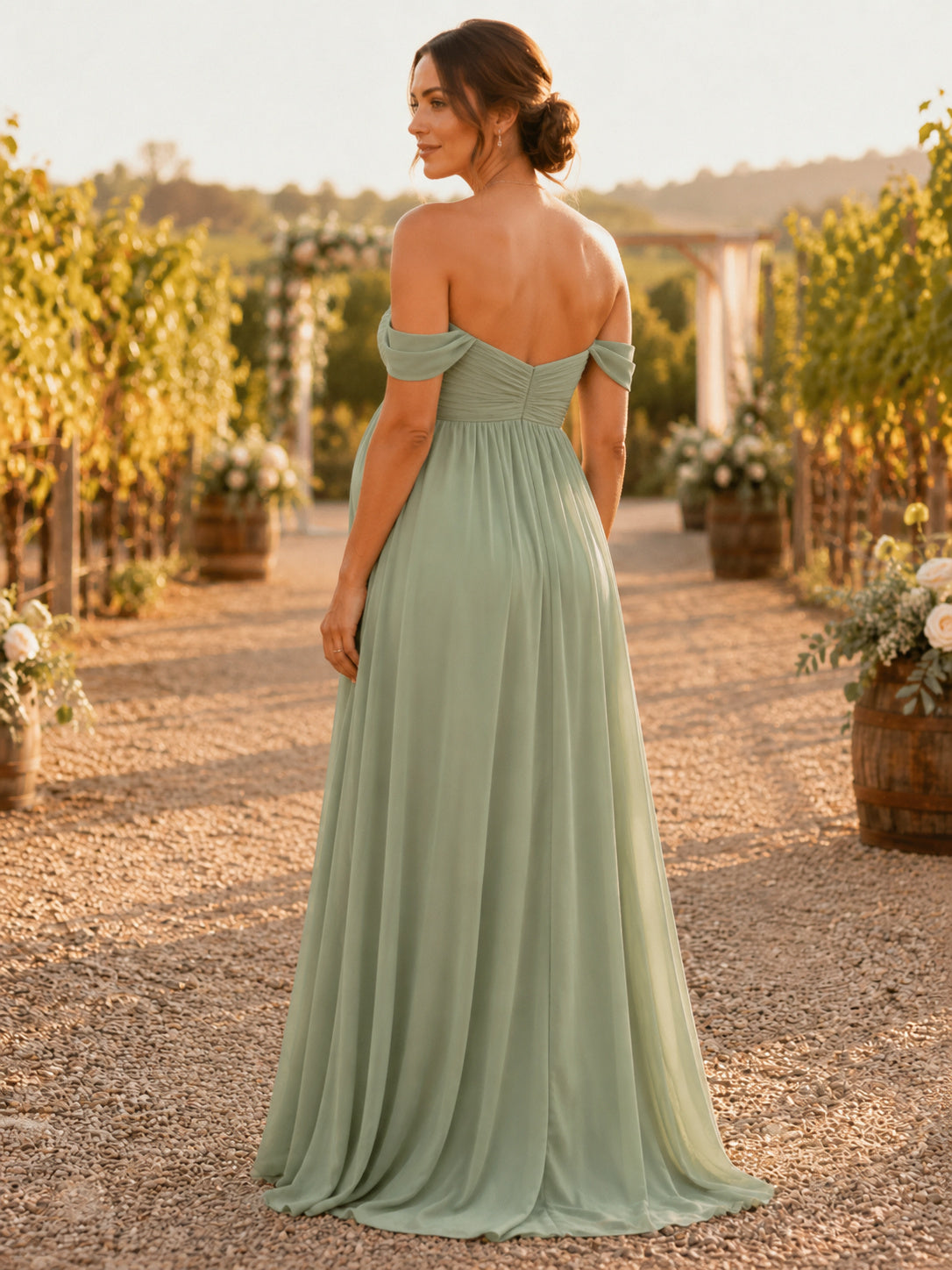 Sage Off Shoulder Chiffon Empire Maternity Wedding Guest Gown back view