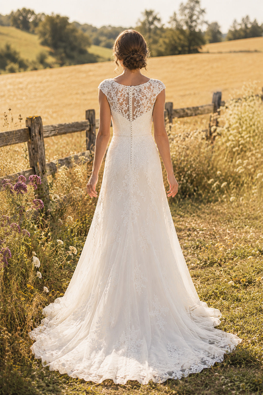 Ivory Elegant Bateau Neck A-Line Lace Tulle Wedding Dress with Cap Lace Sleeves and Sweep Train back view