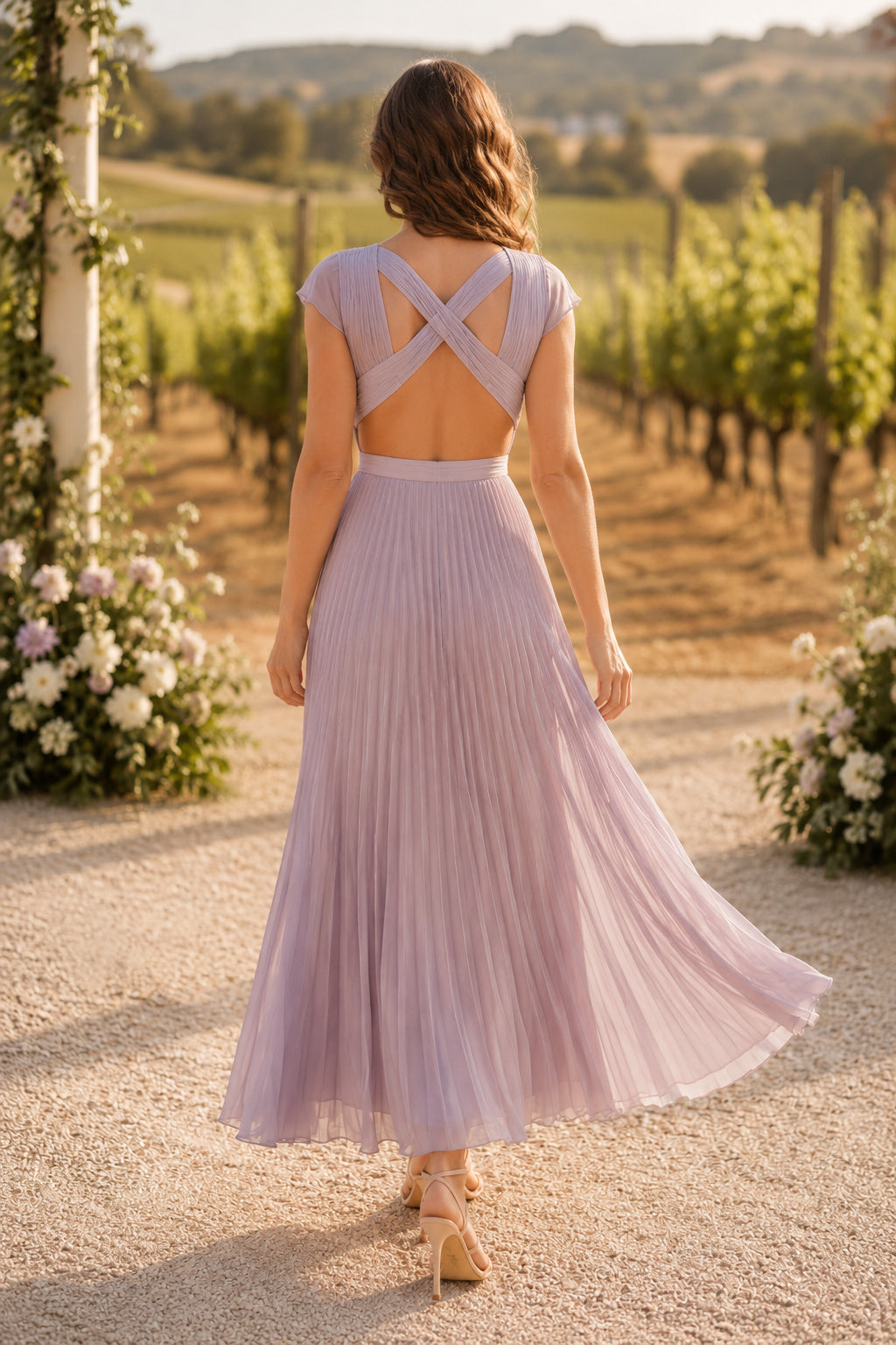 Lavender Cowl Neck Pleated Tea-Length Dress with Cross Back back view