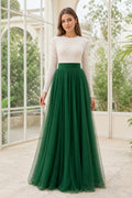 Emerald Bateau Long Sleeves Two-Piece Tulle, Lace Floor-length Formal Dress With Lace and Two-Piece and Open Back