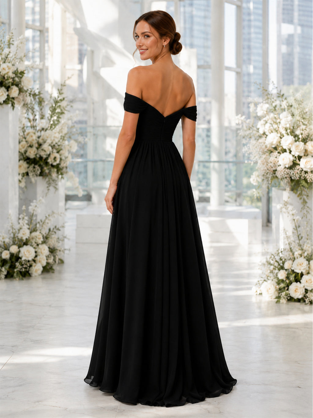 Black off shoulder sweetheart chiffon floor length A-line bridesmaid dress back view