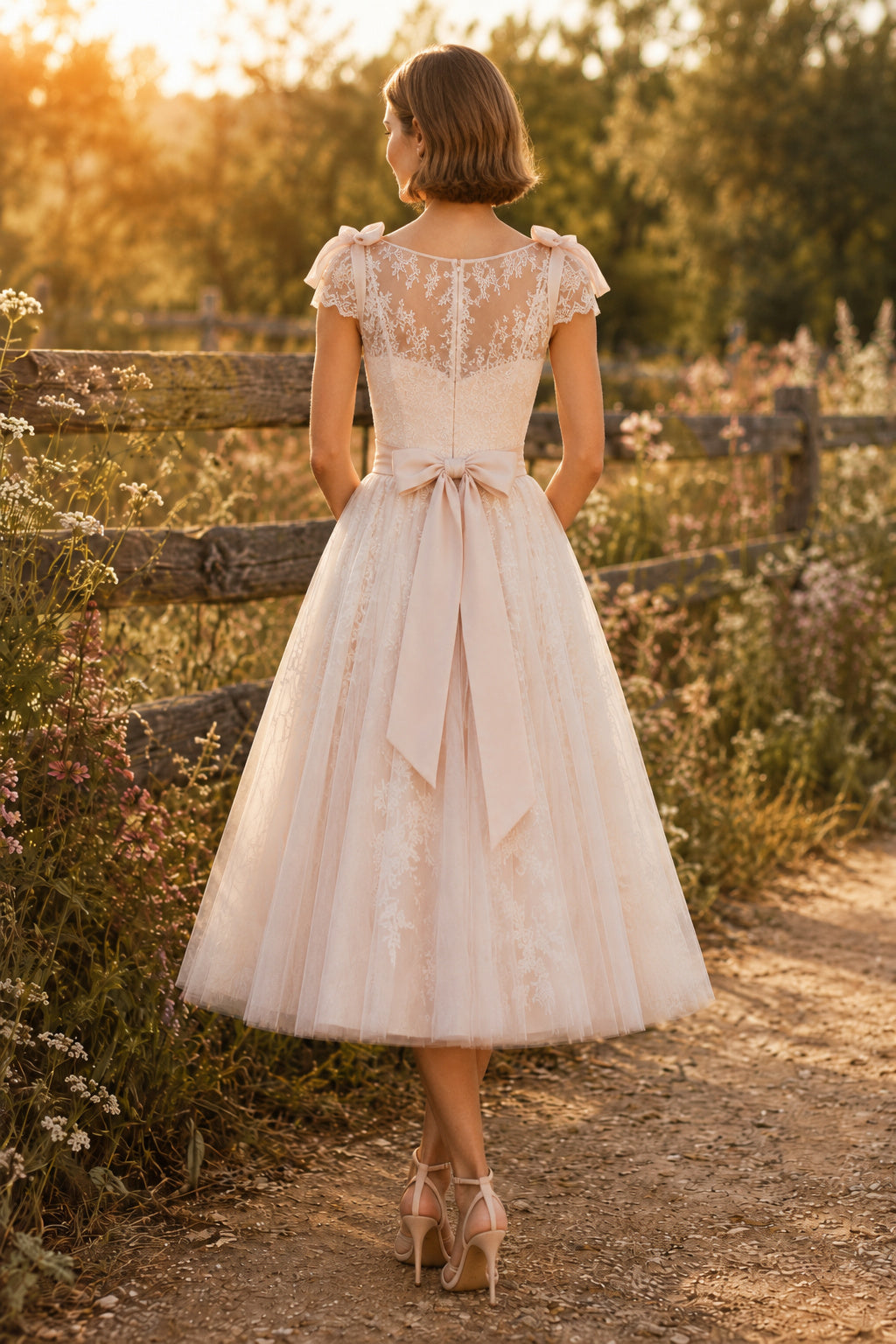 Blushing Pink Illusion Jewel Neck Cap Sleeve Lace Tulle Tea-Length Wedding Dress with Blush Sash Bow and Tulle Skirt back vie