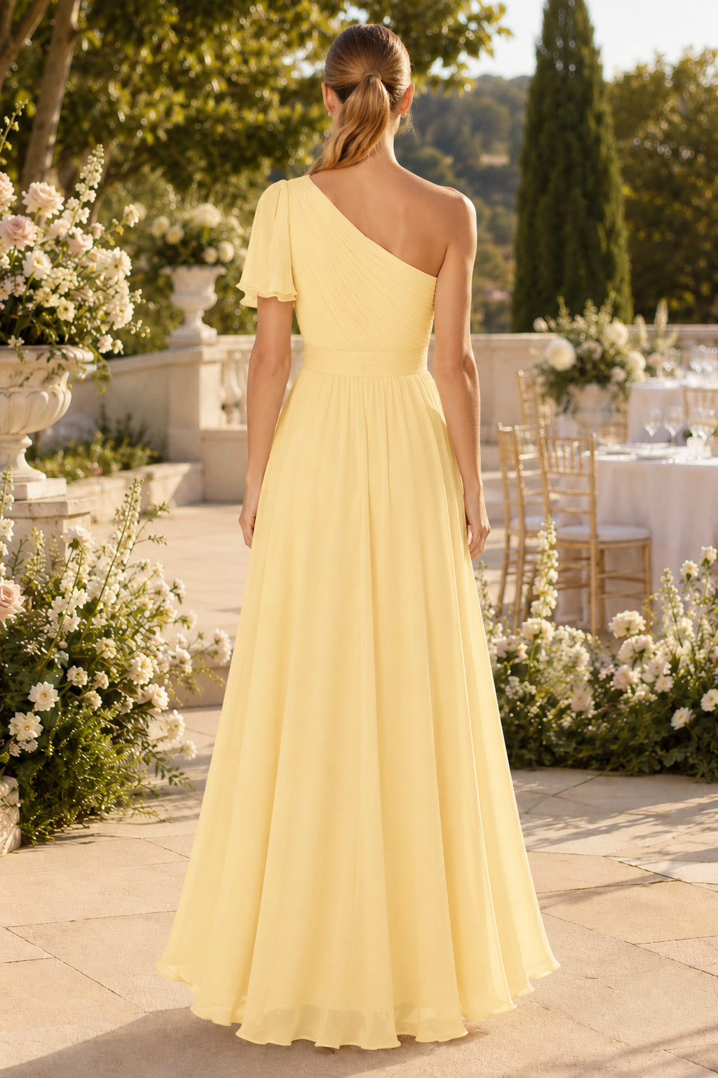 Daffodil One-Shoulder Chiffon Formal Dress back view