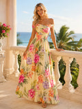 Yellow Tropical Floral Off Shoulder Resort Maxi Dress front view
