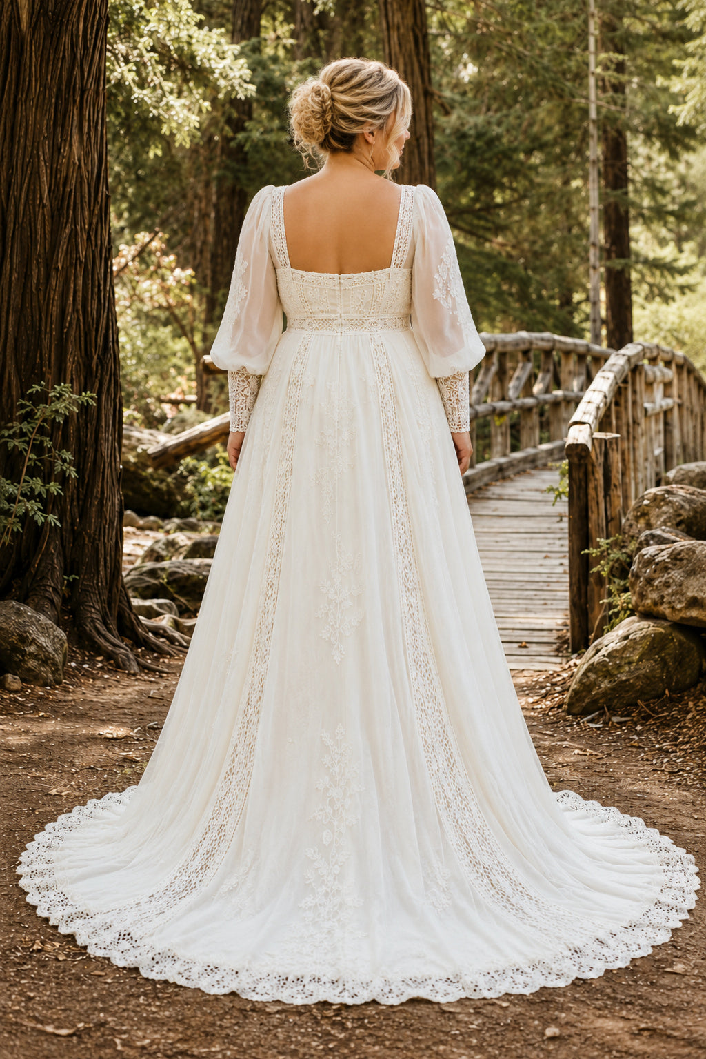 Ivory Plus Size Square Neck Chiffon A-Line Wedding Dress with Bishop Sleeves and Lace Panels back view