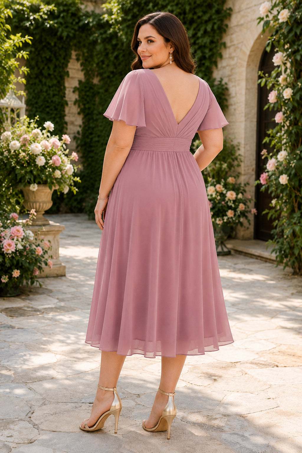 Dusty Rose Plus Size Wedding Guest Sheath Dress back view