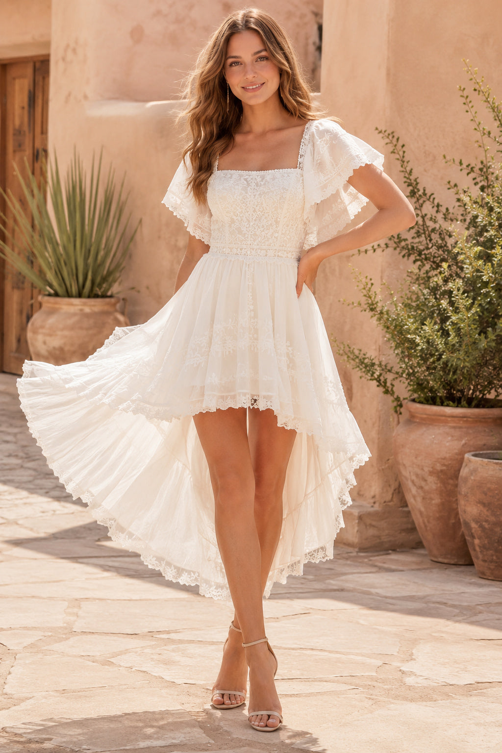 Ivory Square Neck High-Low Mini Wedding Dress with Flutter Sleeves and Pleated Skirt front view