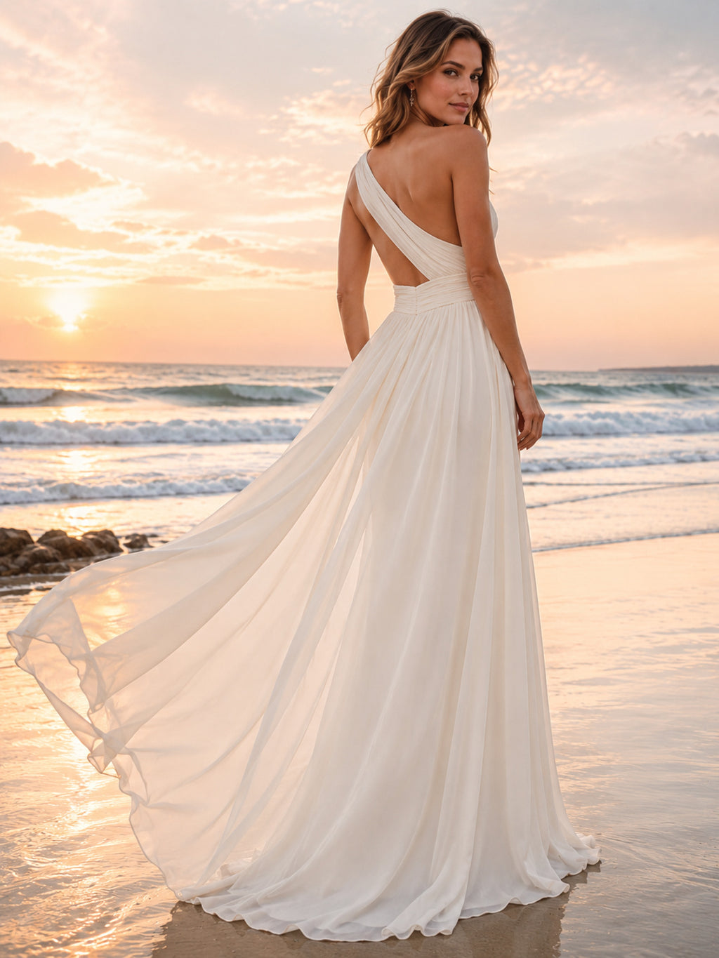 One-Shoulder Draped Chiffon Beach Ceremony Destination Bridal Gown back view