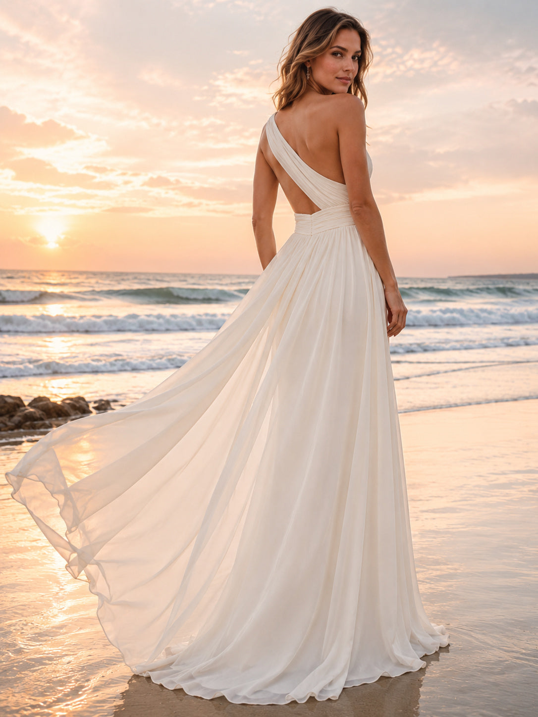 One-Shoulder Draped Chiffon Beach Ceremony Destination Bridal Gown back view