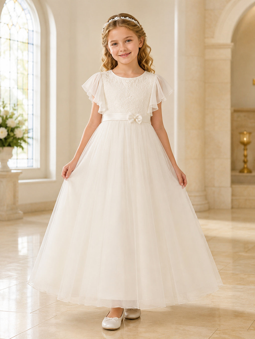 White Flutter Sleeve Jewel Tulle Ankle Length Communion Flowergirl Dress front view