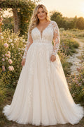Ivory Plus Size V-Neck Long Sleeve Lace A-Line Wedding Dress with Illusion Back and Train front view