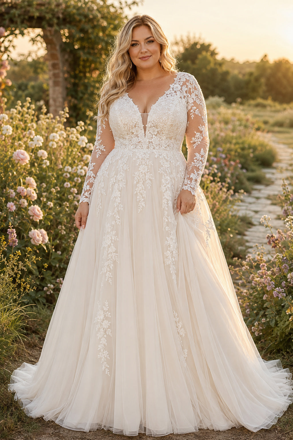 Ivory Plus Size V-Neck Long Sleeve Lace A-Line Wedding Dress with Illusion Back and Train front view