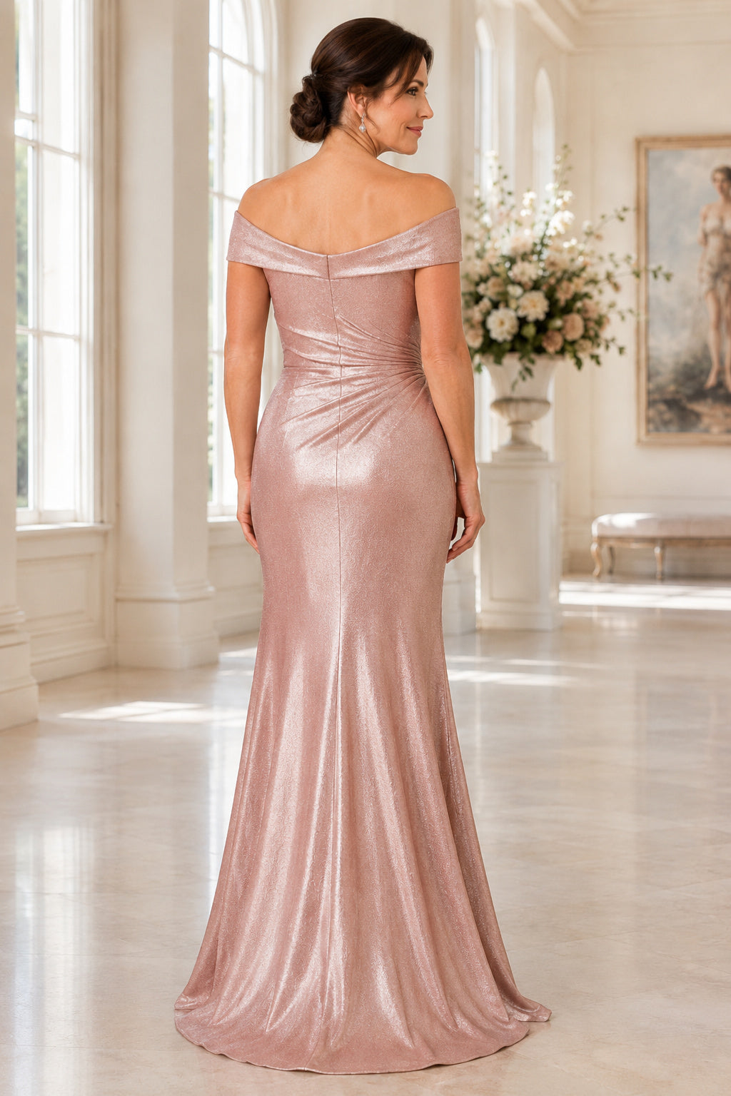 Blushing Pink Off-the-Shoulder Mermaid Mother Dress with Ruched Satin Bodice back view