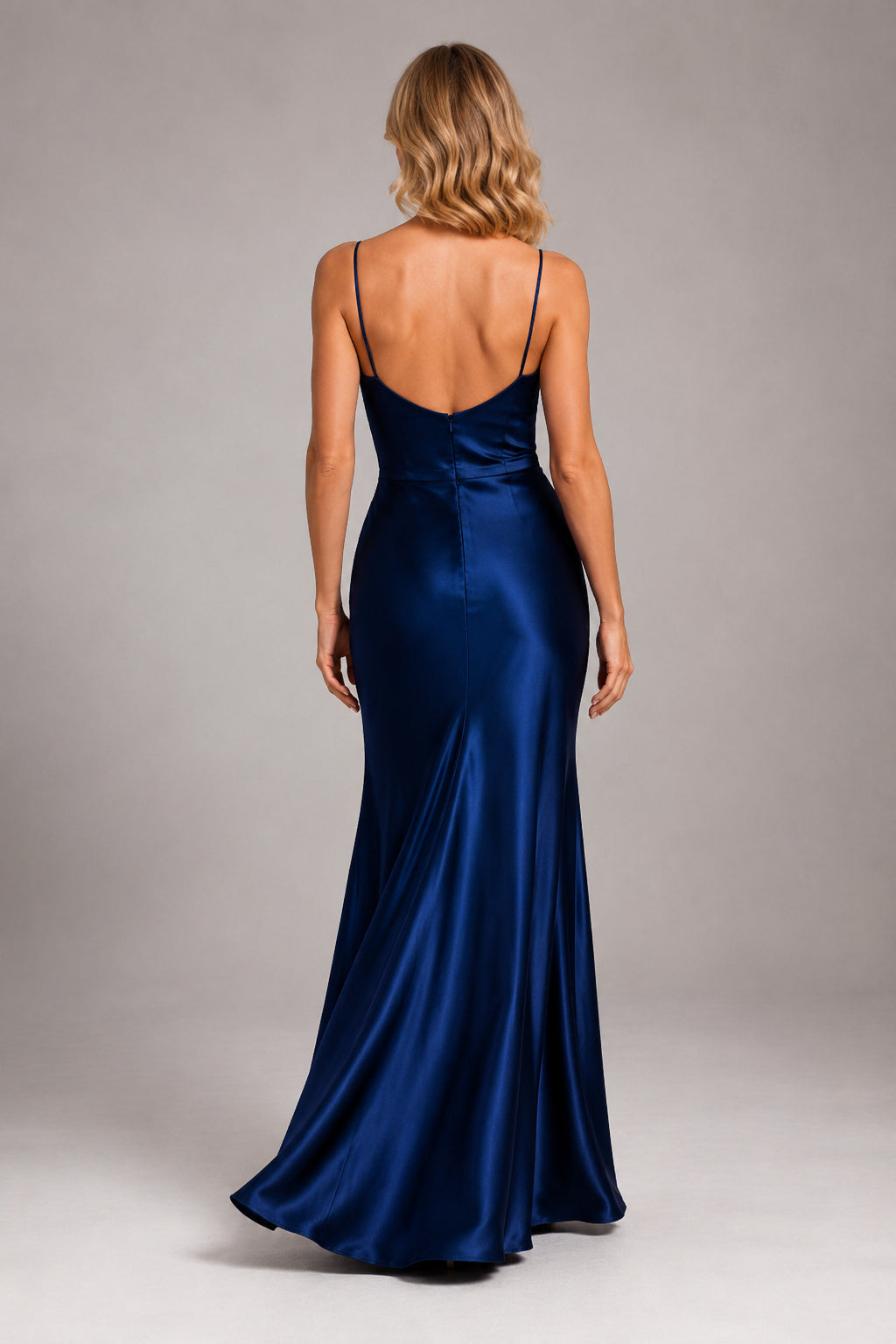 Royal Blue Spaghetti Strap Satin Sheath Dress with Cowl Neck back view