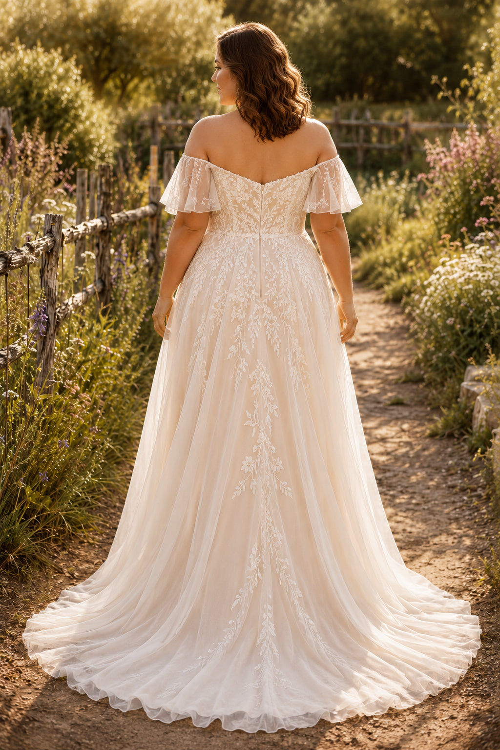 Ivory Plus Size Off-the-Shoulder Lace A-Line Wedding Dress with Short Sleeves and Train Style MG_700557 back view