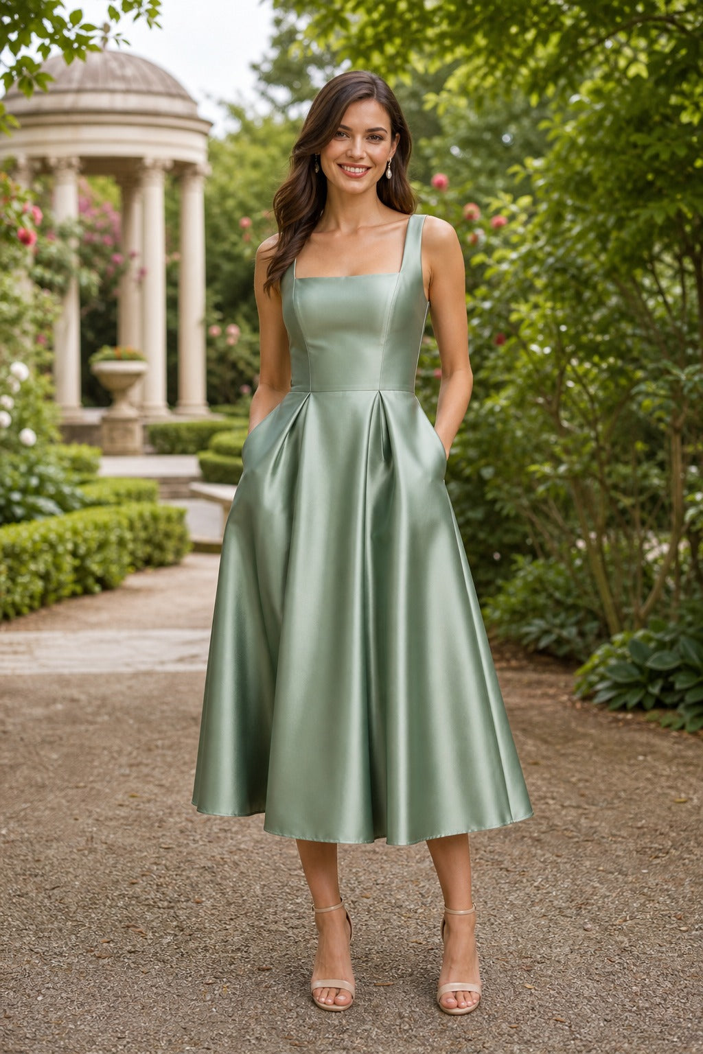 Sage Square Neck Tea-Length Satin A-Line Dress