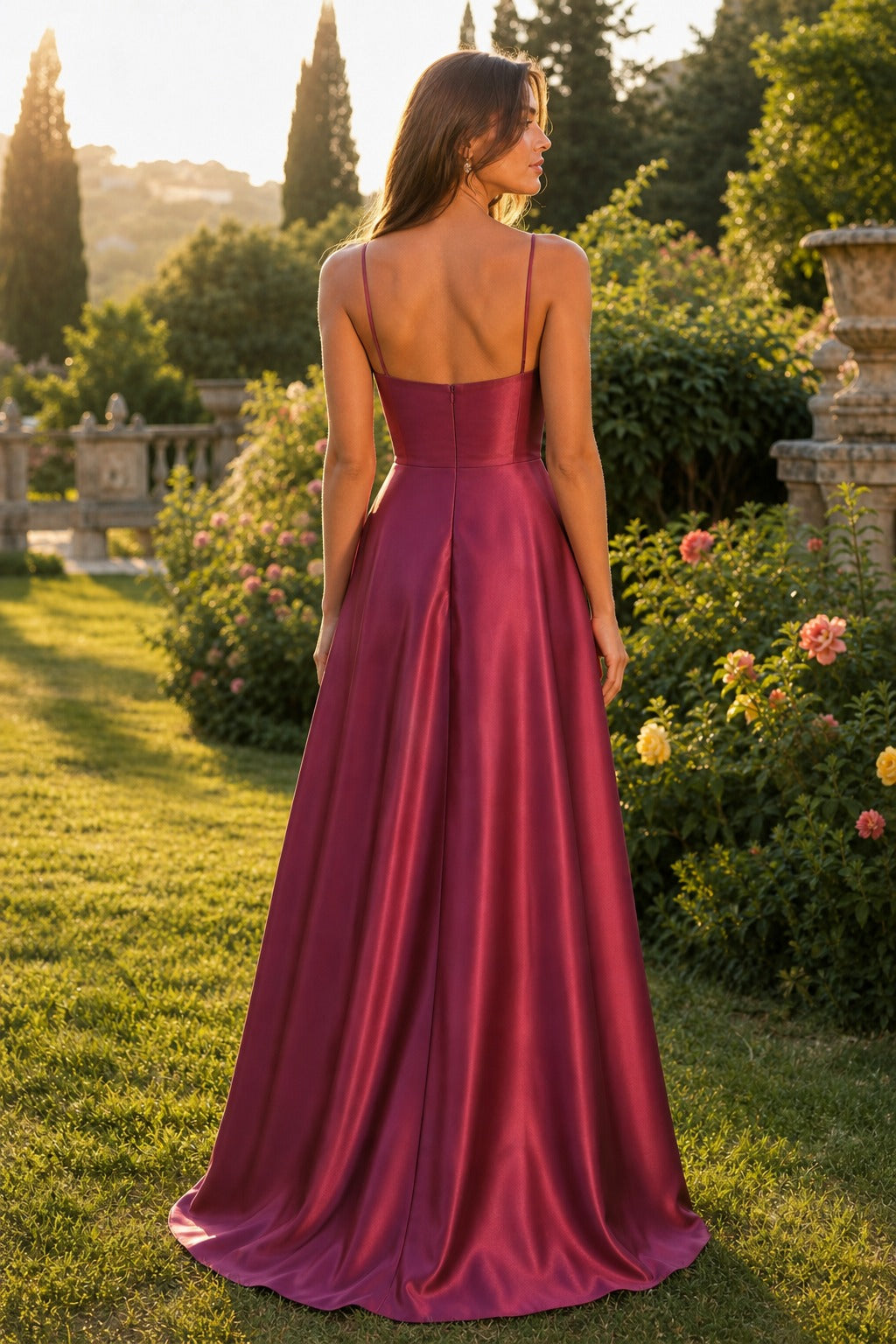Burgundy Square Neck Floor-Length Satin A-Line Dress