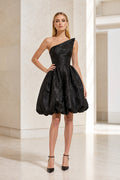 Black One Shoulder Textured Organza Bubble Mini Formal Dress front view