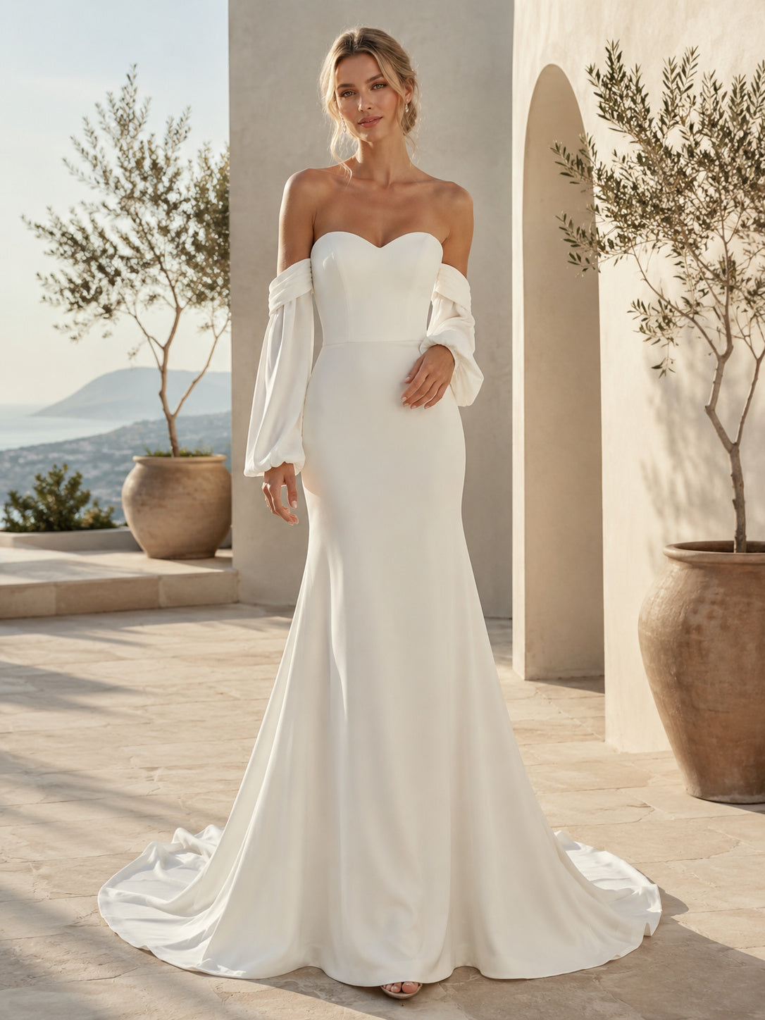 Detachable Sleeve Off Shoulder Villa Terrace Mermaid Gown front view