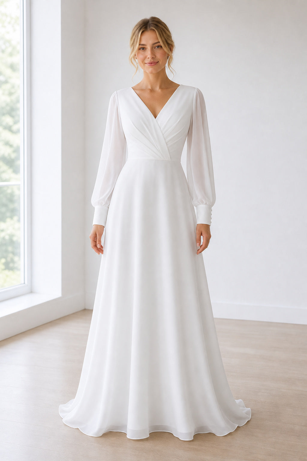 Ivory Scoop Short Sleeves A-Line Chiffon Floor-length Wedding Dress With Floral Appliques and Front Slit and Open Back