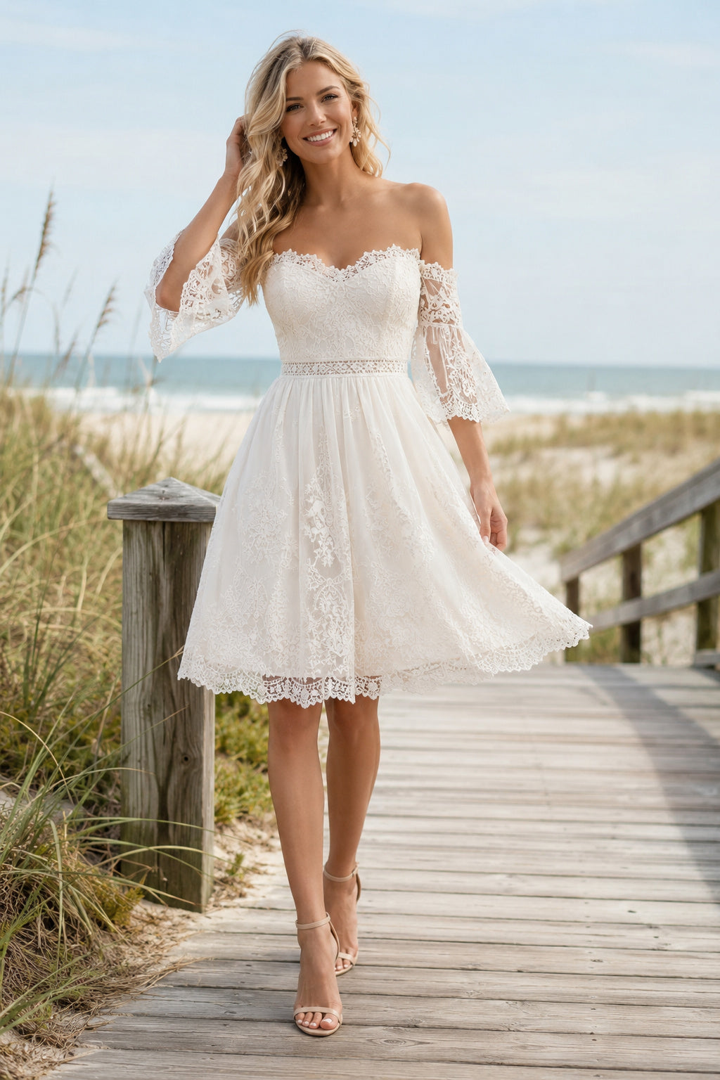 Ivory Off-the-Shoulder Lace Short Wedding Dress with Three Quarter Sleeves for Beach Reception front view