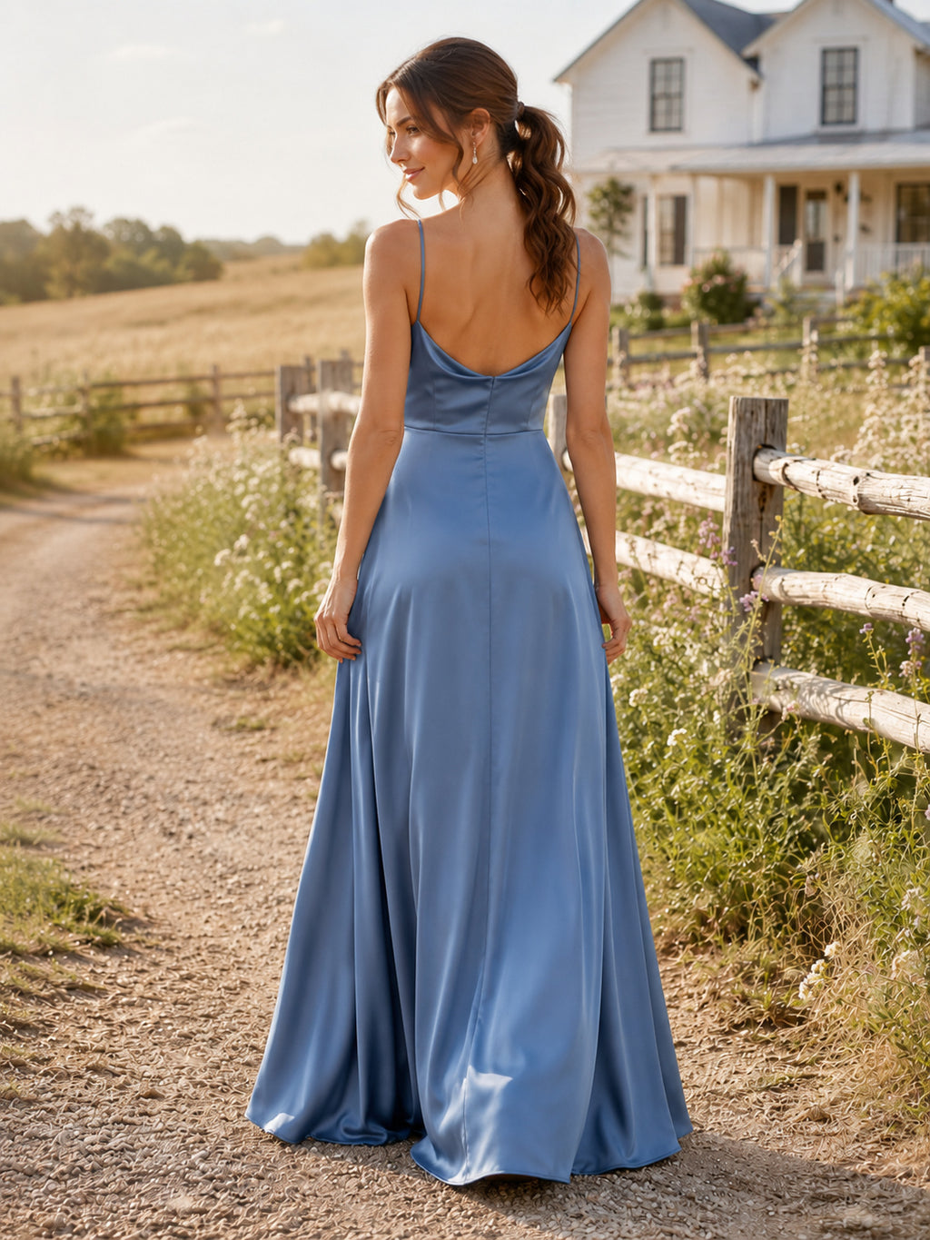 Steel Blue Satin Sheath Cowl Neck Spaghetti Strap Draped Open Back Floor-Length Bridesmaid Dress back view