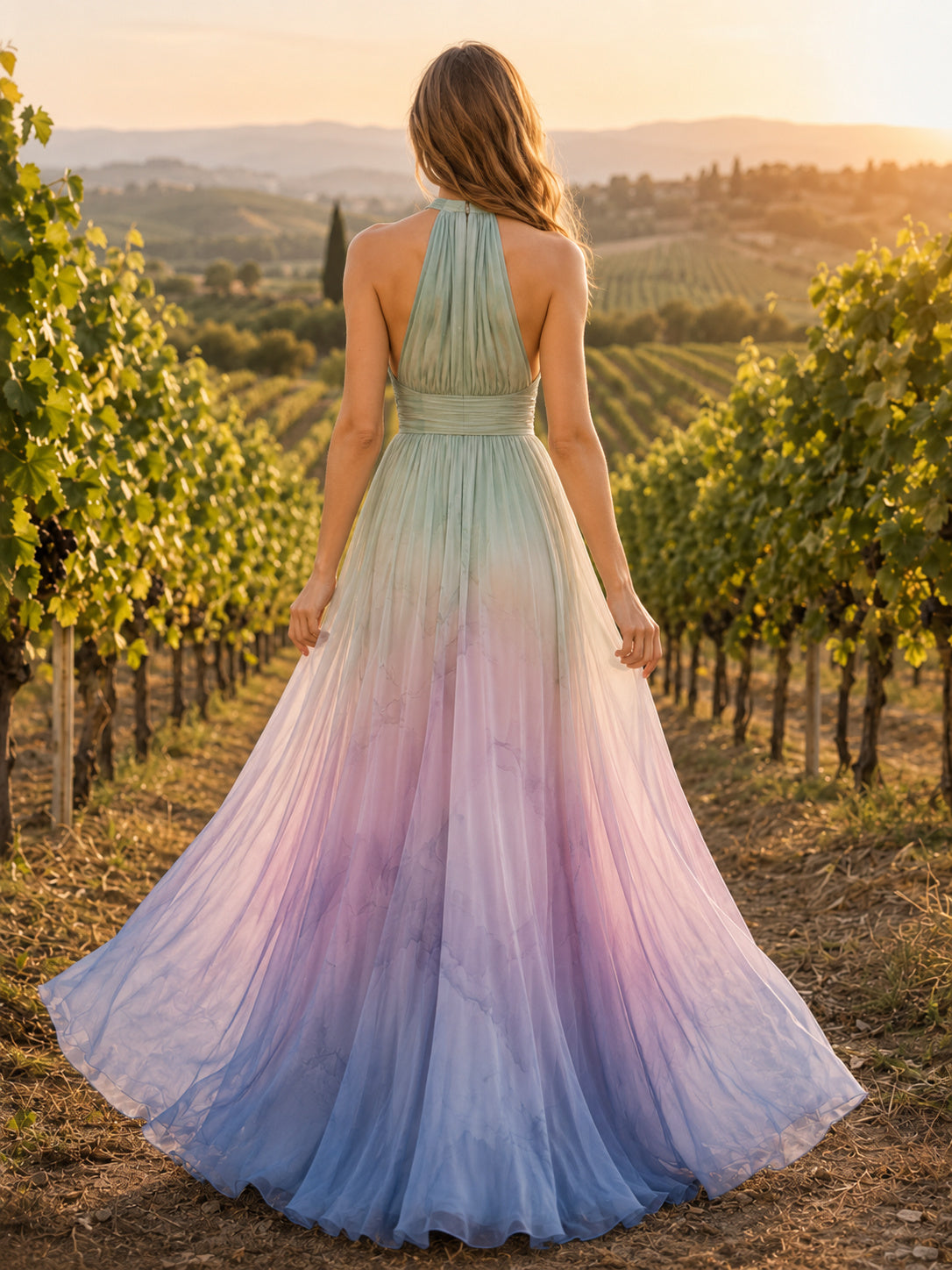 Vineyard Ombre Halter Chiffon A-Line Maxi Guest Dress back view