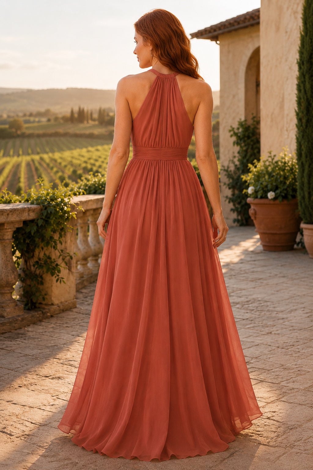 Orange Halter Chiffon A-Line Bridesmaid Dress with Front Ruffle and Pleated Skirt back view
