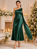 Dark Green One Shoulder Draped Satin A Line Midi Guest Dress front view