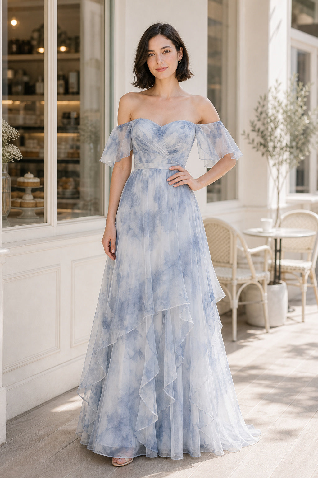 Dusty Blue Off-the-shoulder Off-the-shoulder A-Line Tulle Floor-length Formal Dress With Floral Print and Ruffles