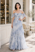 Dusty Blue Off-the-shoulder Off-the-shoulder A-Line Tulle Floor-length Formal Dress With Floral Print and Ruffles