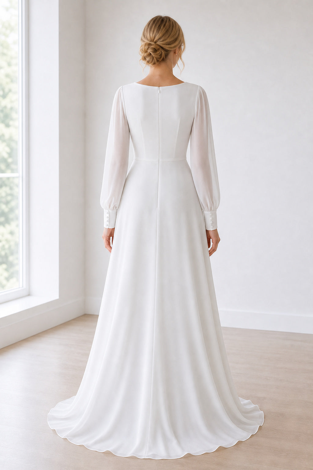 Ivory Scoop Short Sleeves A-Line Chiffon Floor-length Wedding Dress With Floral Appliques and Front Slit and Open Back