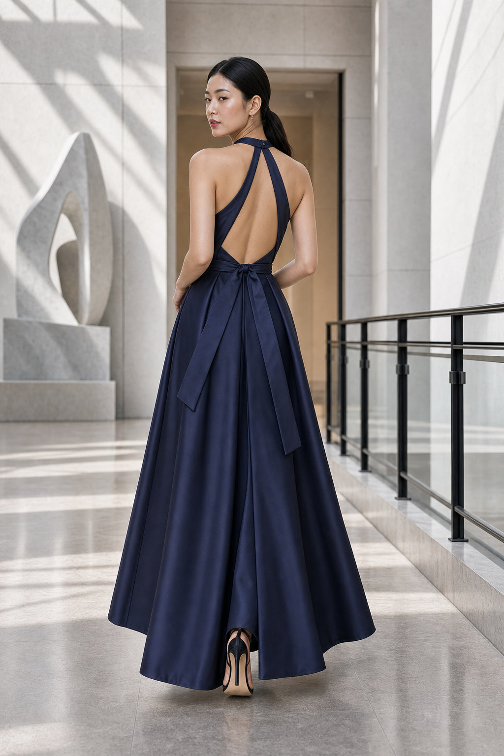 Navy Halter A-Line Satin Floor-Length Dress With Front Slit and Open Back