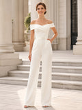 Elegant Civil Bridal Jumpsuit Off Shoulder Wide Leg Wedding Outfit front view