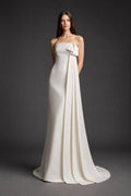 Wedding Sheath Satin Dress with Strapless Neckline and Front Bow Drape front view