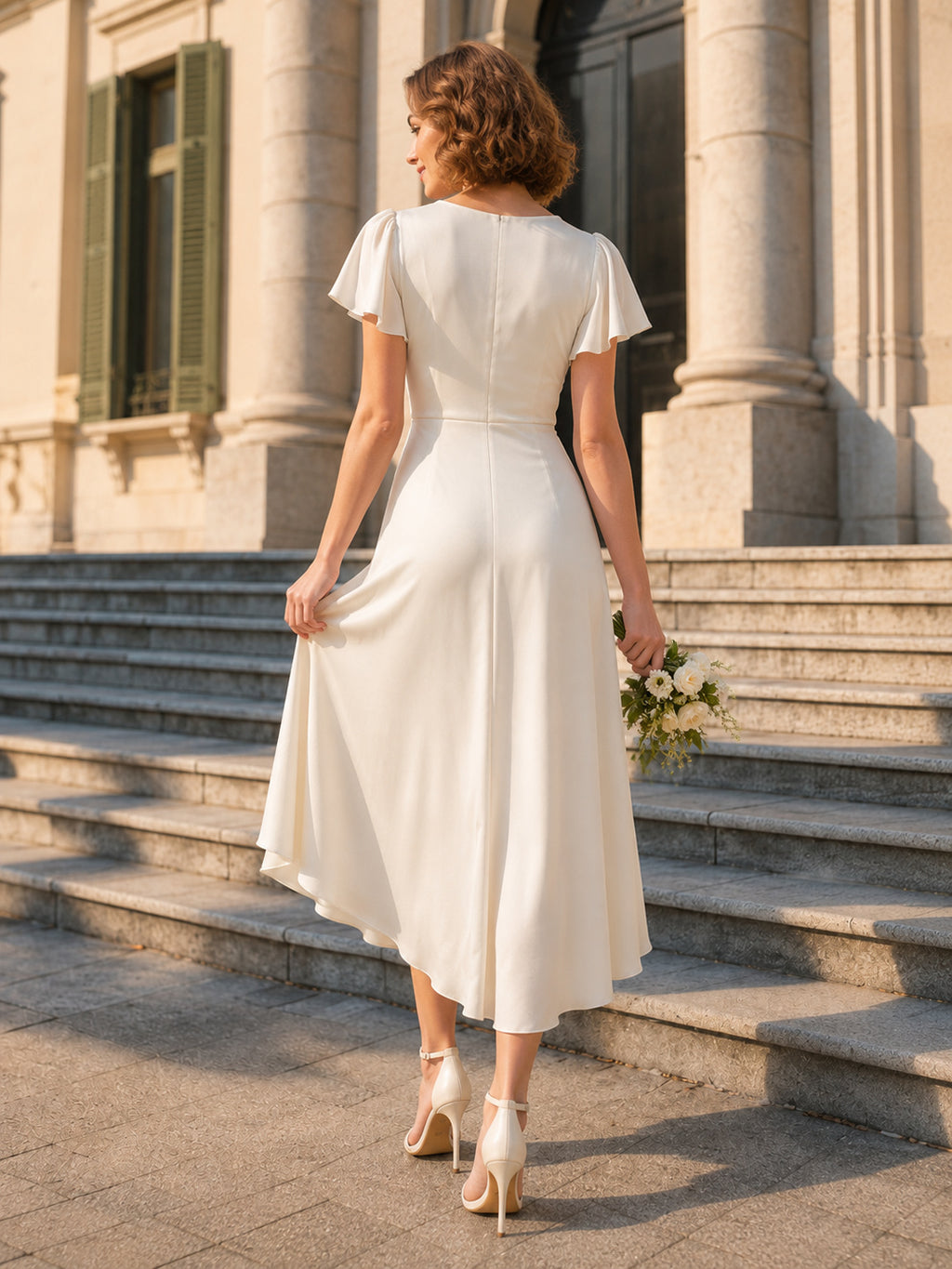 V Neck Short Sleeve High Low Civil Wedding Dress back view