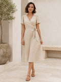 Beige Linen Wrap V Neck Short Sleeve Minimalist Midi Dress front view