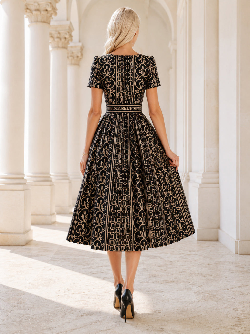 Black Monogram Inspired Short Sleeve Retro Swing Midi Dress back view