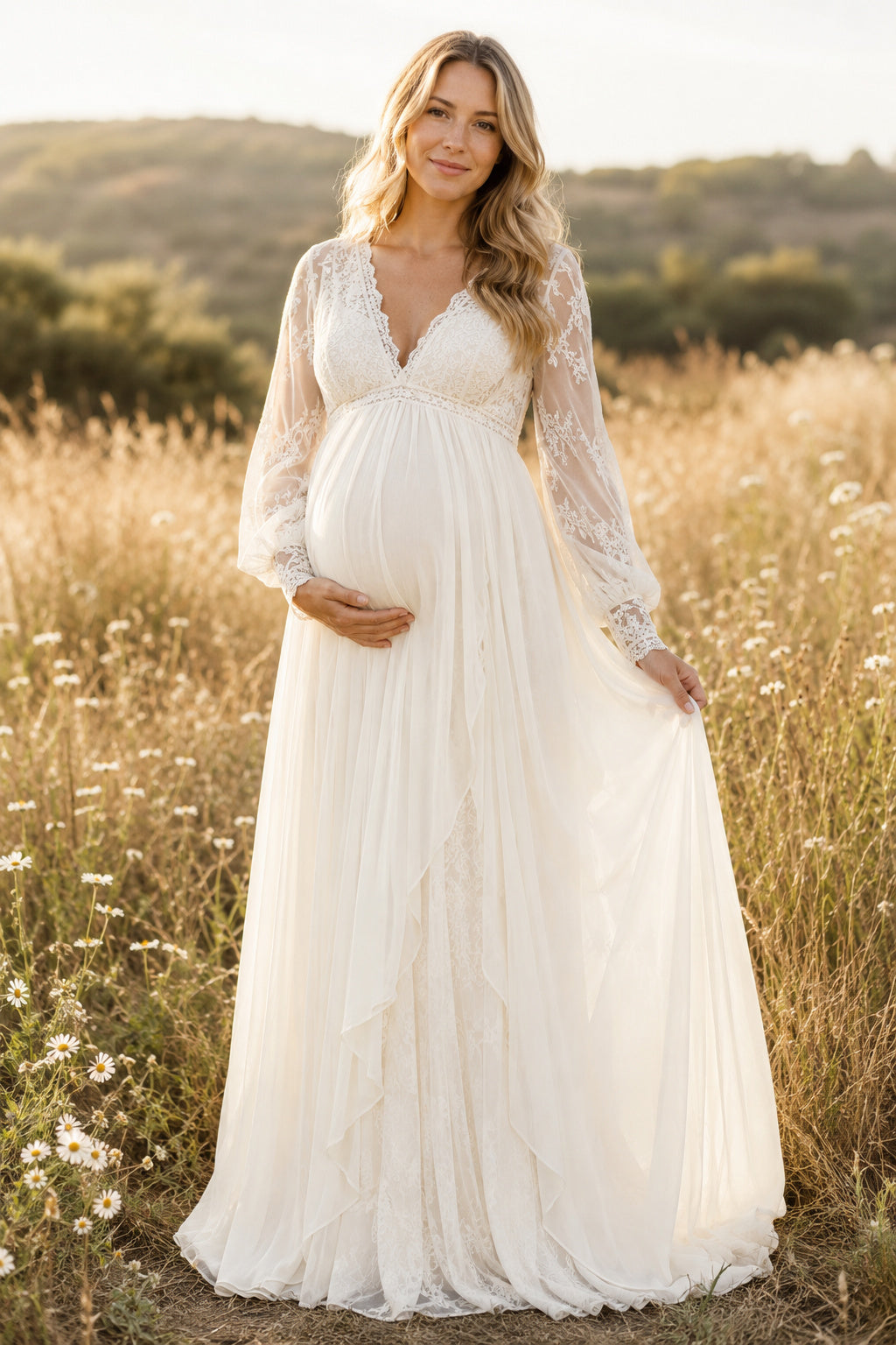 Ivory Long Sleeve Lace Maternity Wedding Dress with V-Neck and Soft Train front view