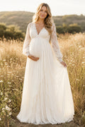 Ivory Long Sleeve Lace Maternity Wedding Dress with V-Neck and Soft Train front view