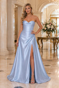 Sky Blue Strapless Satin A-Line Formal Dress with Corset Bodice and High Slit front view