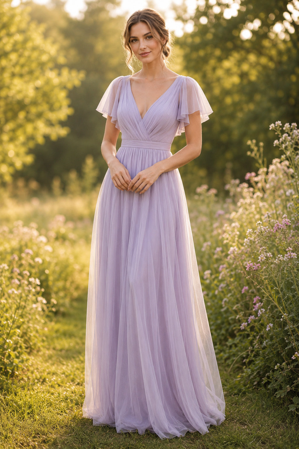 Lavender Flutter Sleeve V-Neck Tulle A-Line Bridesmaid Dress with Pleated Waist front view